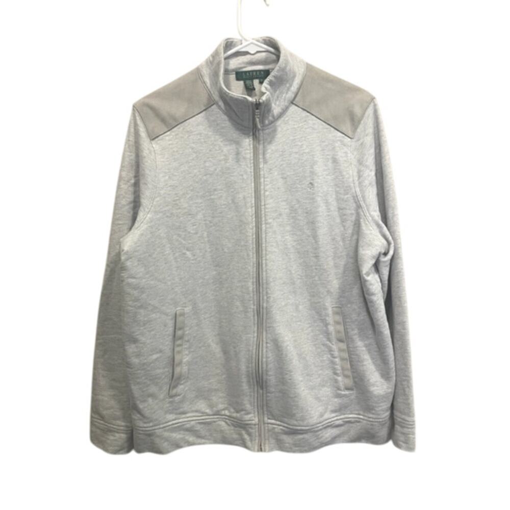 Ralph Lauren Gray Jacket Women 1X Embroidered Zip Suede Shoulder Active Outdoor